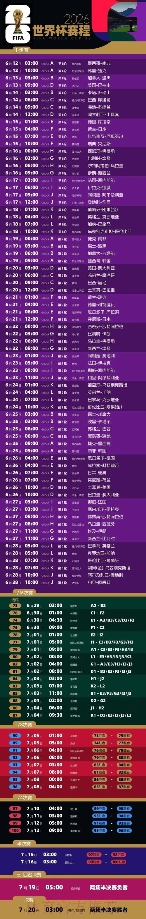 2026世界杯比赛时间最新实时赛程实时查看